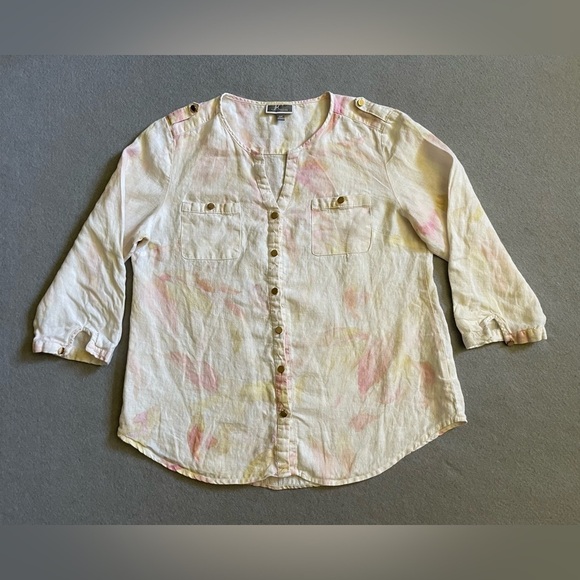 JM Collection Tops - JM Collection Size 12P Women’s Button-Front Linen Top Pink Yellow Tie Dye Blouse